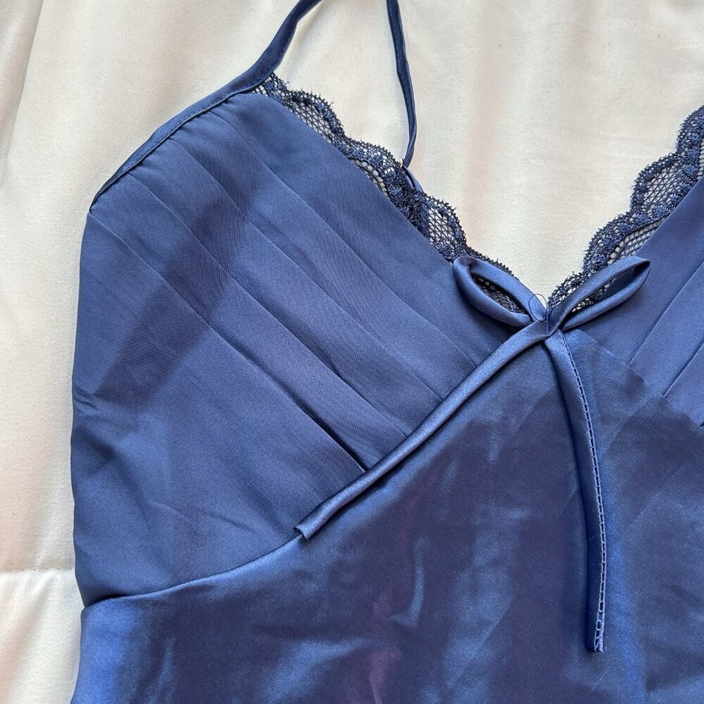 Womens Y2K Retro Blue Maxi Dress Slip Chemise Babydoll L Gown Navy High Slit - Picture 4 of 10
